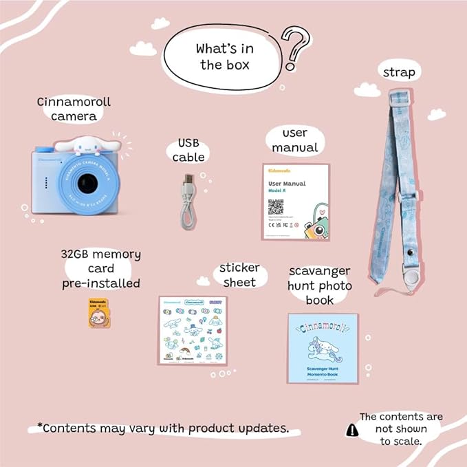 Cinnamoroll Mini Kids Digital Camera & Video Camcorder by Kidamento, 32GB Memory Card, Adjustable Soft Strap Lanyard, Scavenger Hunt Momento Book - Model A Cinnamoroll