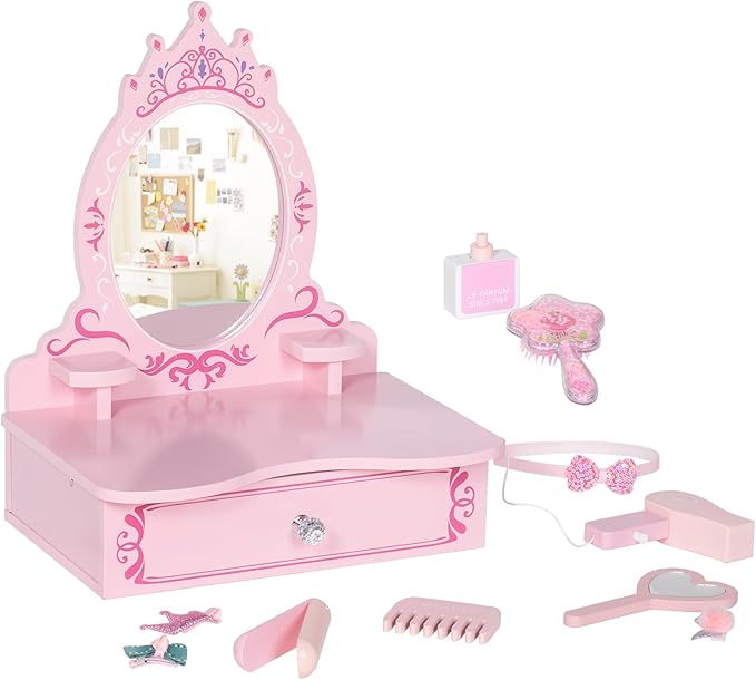 Wooden Vanity Set for Kids, Toddler Tabletop Beauty Salon Play Set w/Accessories & Drawer, Princess Makeup Pretend Play Vanity Table Toy with Crown Shaped Mirror for Little Girls Age 3-8