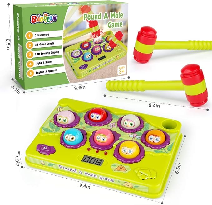 BAODLON Interactive Pound a Mole Game, Toddler Toys, Light-Up Musical Pounding Toy, Early Developmental Toy, Fun Gift for Age 3, 4, 5 Years Old Kids, Boys, Girls, 2 Soft Hammers Included