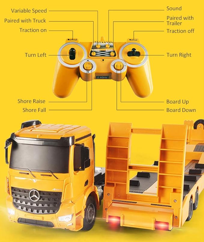 DOUBLE E Benz Authorized Remote Control Semi Truck with 2 Batteries 2.4Ghz Trailer RC Flatbed Trailer Crane Tractor, Electronics Construction Vehicles Toy with Sound and Lights