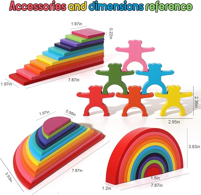 40-Piece Wooden Rainbow Stack Set, 4-in-1 Building Blocks preschoolers Early Development & Activity Toys Montessori Toys for Kids 1 2 3 4 Years and Older Gifts for Boys and Girls