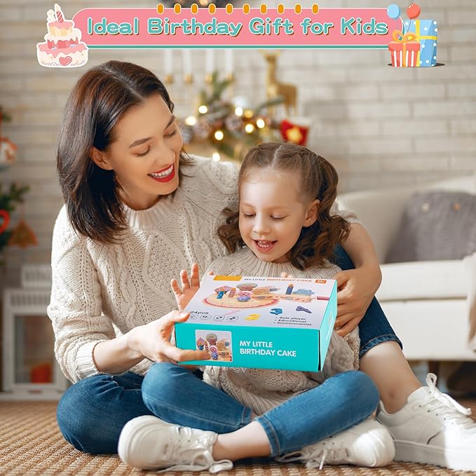 Birthday Party Cake Toys, Wooden Play Food Set for Kids Toddlers, Play Kitchen Toys for Boys Girls, Educational Toys