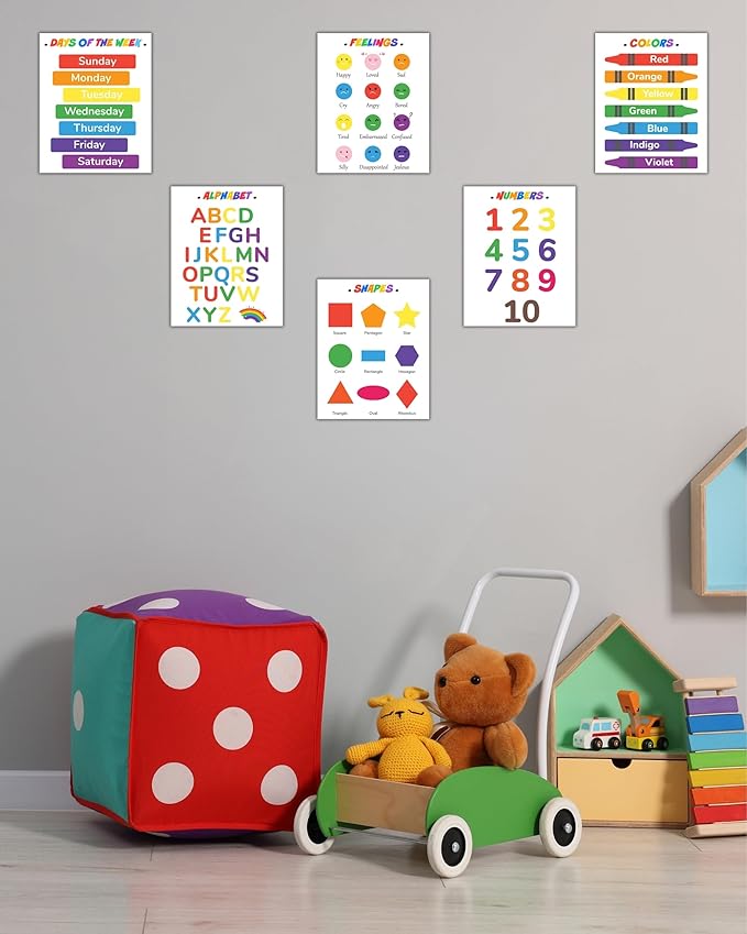 CNTG Design Educational Posters – Set of 6, 8x10 Inch Unframed Wall Art – Alphabet, Numbers, Days of the Week, Colors, Shapes & Feelings Charts for Classroom Decor (Colorful Learning)