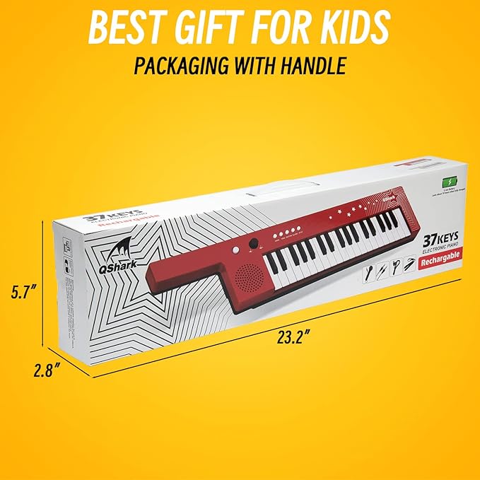 Digital Piano Keyboard 37 Keys, Portable Karaoke Keytar w/Microphone & Carry Strap, 4 Tones, 4 Rhythms, 10 Demo Songs, Rechargeable, Guitar Birthday Gift Toy for Boys Girls Kid Age 3+, White