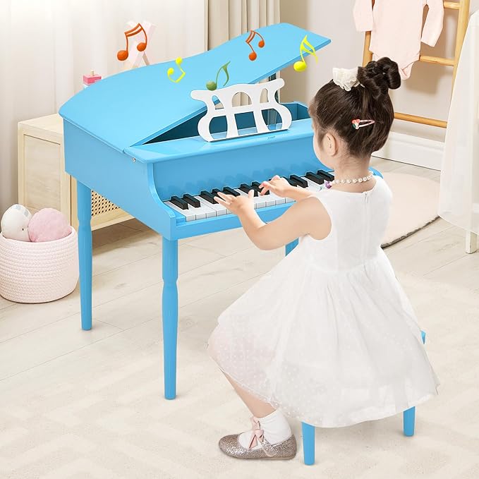 Goplus 30-Key Classical Kids Piano, Mini Grand Piano Wooden Learn-to-Play Musical Instrument Toy with Bench, Piano Lid, Music Rack, Gift for Boys Girls Aged 2+ Baby Toddler (4 Straight Leg-Blue)