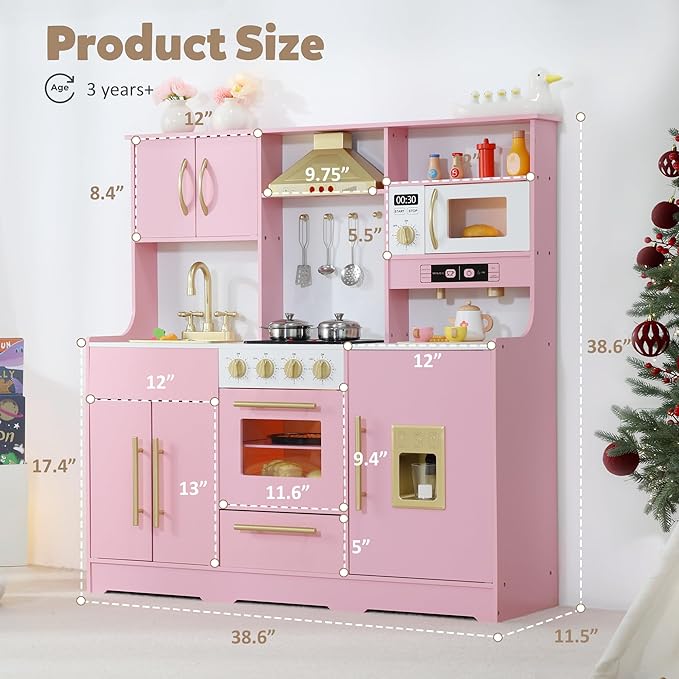 Kids Kitchen Playset, Wooden Play Kitchen with Toy Storage System, Pretend Play Kitchen Set Toy with Range Hood, Ice Maker & Coffee Maker, for Kids Ages 3+, Pink