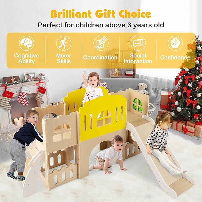 Costzon Wooden Toddler Slide, 7-in-1 Climber Playset with Slide, Basketball Hoop, Extra-Long Aisle, Peek-a-Boo Window, Crawling Tunnel & Storage Space, Indoor Outdoor Playground Slide for Kids