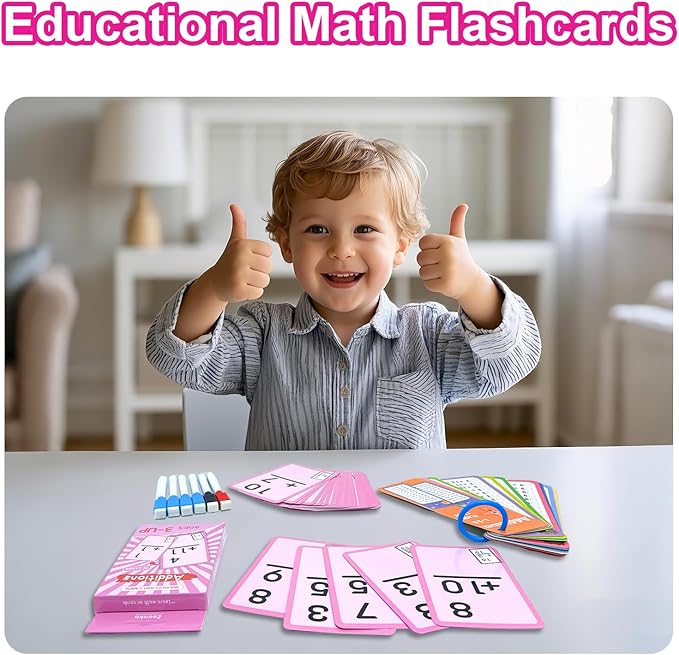 1-12 Math Flash Cards with 6 Dry Erase Pens, 15Pcs Big Addition Flash Cards + 36 Pcs Random Double-Sided Addition Practice Card, Educational Math Flashcards for Kids Ages 3+