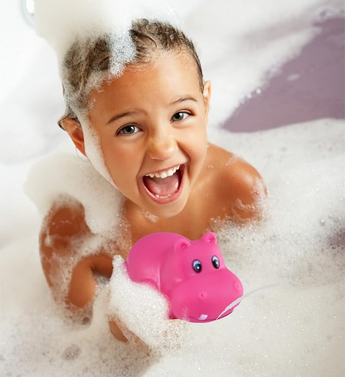 DolliBu Hippo Bath Buddy Squirter - Floating Pink Hippo Rubber Bath Toy, Fun Water Squirting Bathtime Play For Toddlers Cute & Soft Wild Life Animal Toy For Bathtub, Beach and Pool for Girls and Boys
