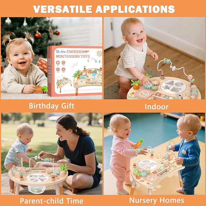 Activity Table for 1+ Year Old, 9-in-1 Wooden Montessori Toy Activity Center with Shape Sorter Fishing Game Bead Maze, Baby Play Table Sensory Educational Toys for Toddler