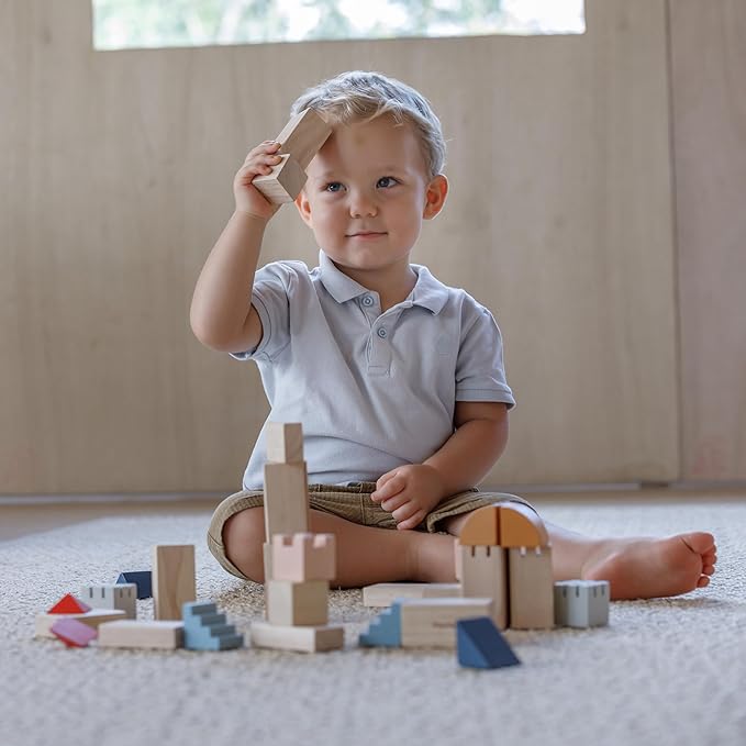 PlanToys® Creative Blocks Wooden Montessori Building and Imagination Toy in Orchard Shade | Fine Motor, Spatial Reasoning and Early STEM Learning Activity | Eco Friendly Open Ended Play Set