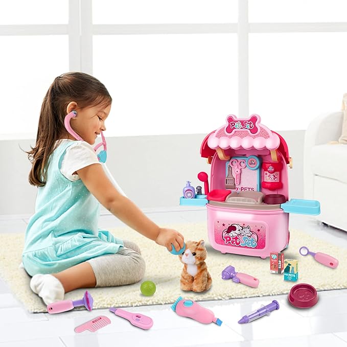 MAGIC4U Pet Cat Care Carrier Suitcase Toy, 29PCS Vet Clinic and Doctor Kit for Kids, Pet Kitty Grooming Feeding Toys, Veterinarian Pretend Play Set, Gifts for Boys and Girls Ages 3-12