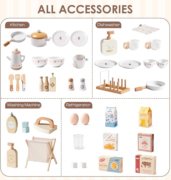 ROBOTIME Caramel Wooden Kids Play Kitchen – 4-in-1 Toddler Role Play Kitchen Set with Fridge, Washing Machine & Iron, Dishwasher – Pretend Cooking Playset for Boys & Girls Ages 3+