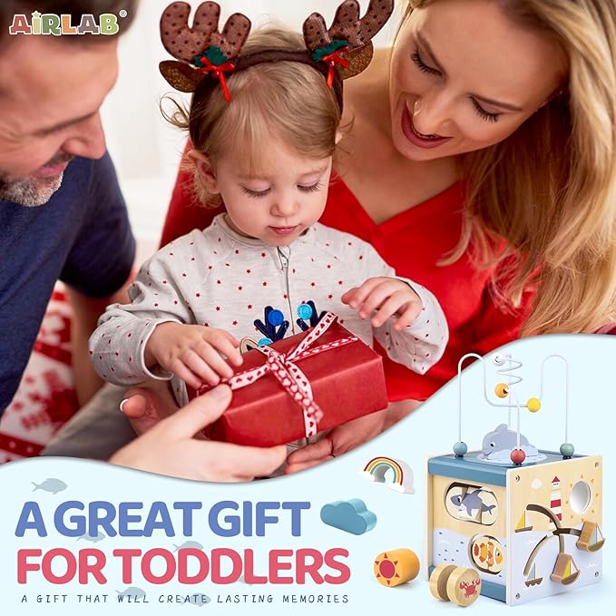 Airlab Wooden Activity Cube Montessori Toys for 1 Year Old Toddlers 12 Months + Toddler Learning Toys 1-3 Boys Girls Baby Sensory Interactive Birthday Gift