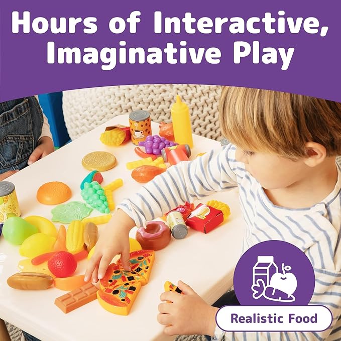 Jaxojoy 122 Piece Pretend Food Set for Kids - Food Toys for Kids Kitchen Set - Pretend Play Kitchen Accessories and Playset for Interactive and Imaginative Activities