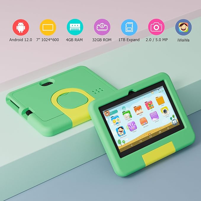 Kids Tablet, 7 inch Android Tablet for Kids, 4GB RAM 32GB ROM 1TB Expand, Toddler Tablets with Parental Control, IPS Screen, Dual Camera, Educational, Games, Shockproof Case for Boys/Girls (Green)