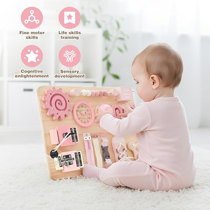 Joyreal Montessori Large Busy Board with Stand, Montessori Sensory Toys for Fine Motor Skills, Wooden Fidget Activity Board for Toddlers, Gifts for Baby Girls (Large Pink)