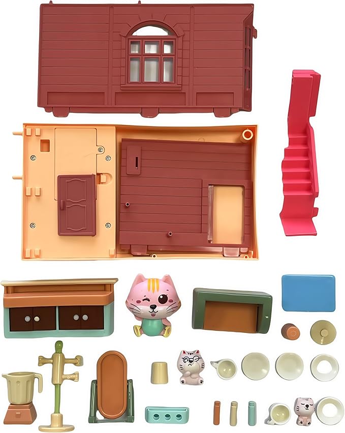 Koko's Cat Town DIY Miniature House Kit,Tiny House Cafes Building Kit,Dollhouse for 3 and up, Dollhouse Building Kit with Cats,Cat Toys Gift for Teens Kids Ages 3+