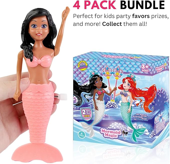 Mermaid Bath Toys for Toddlers Kids Girls - Princess Wind Up Tail Flap Floating Water Bathtub Toys, Swimming Pool Bathing Time Fun (4 Pack)