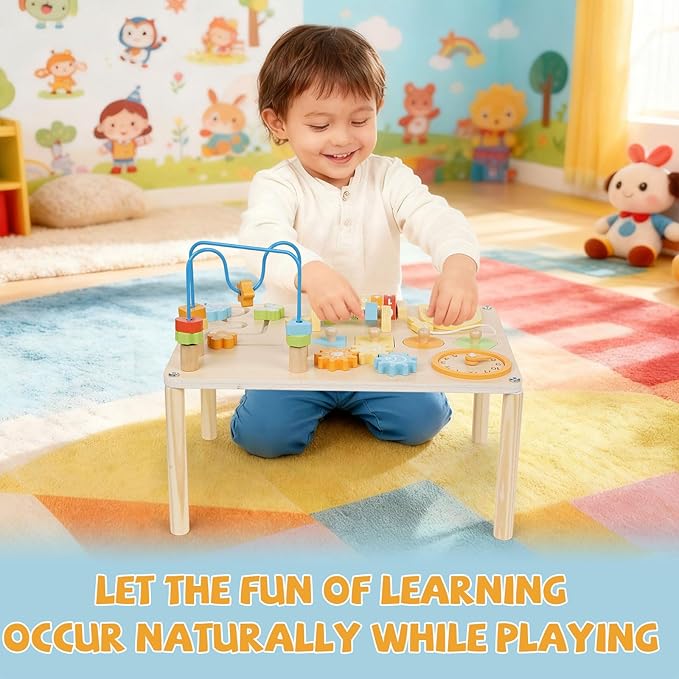 Wooden Activity Table for Toddlers – 8-in-1 Multi-Color Montessori Activity Center&Baby Activity Cube with Bead Maze, Shape Sorter, Gears, Math & Clock Toys,Educational Gift for 1 Year Old Boys Girls