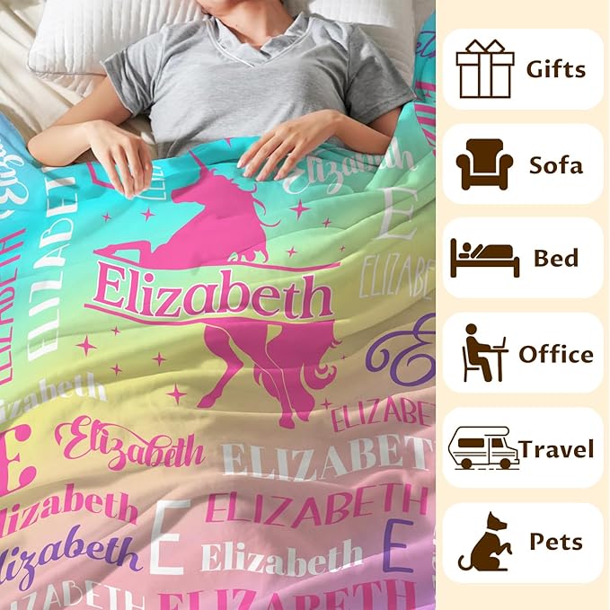 Unicorn Blanket and Throw, Personalized Girls Blankets for Kids, Women, Soft Cozy & Warm Unicorn Throws for Sofa Office Trip Chairs Camping, 4 Sizes for Toddler/Children/Teens/Adults