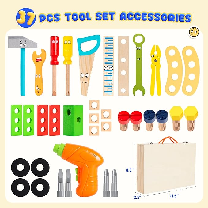 Toddler Tool Set with Drill, Montessori Toys for 3 4 5 6 Years Boys Girls, Toddler Stocking Stuffers, Kids Christmas Toys, 37 Pcs Wooden STEM Construction Learning Pretend Play Games