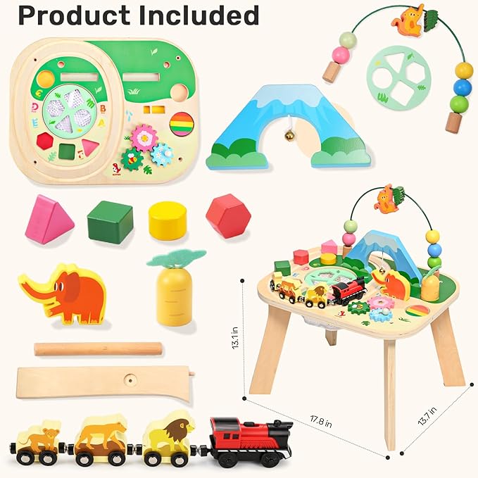 wingyz Activity Table for 1 Year Old Toddler, 9-in-1 Multi-Colorful Wooden Montessori Toys, Baby Play Table with Bead Maze Shape Sorter Train Toy, Educational Gifts for Kids Boys Girls