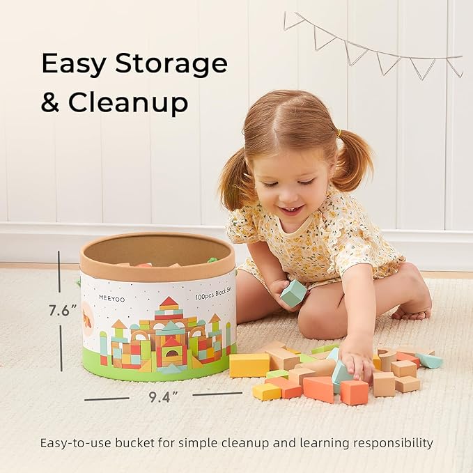 100pcs Wooden Blocks for Toddlers 1-3, Building Blocks for Toddlers 1-3, Wooden Block for Baby Shower with Storage Bucket, Montessori Toys for Preschool Girls and Boys