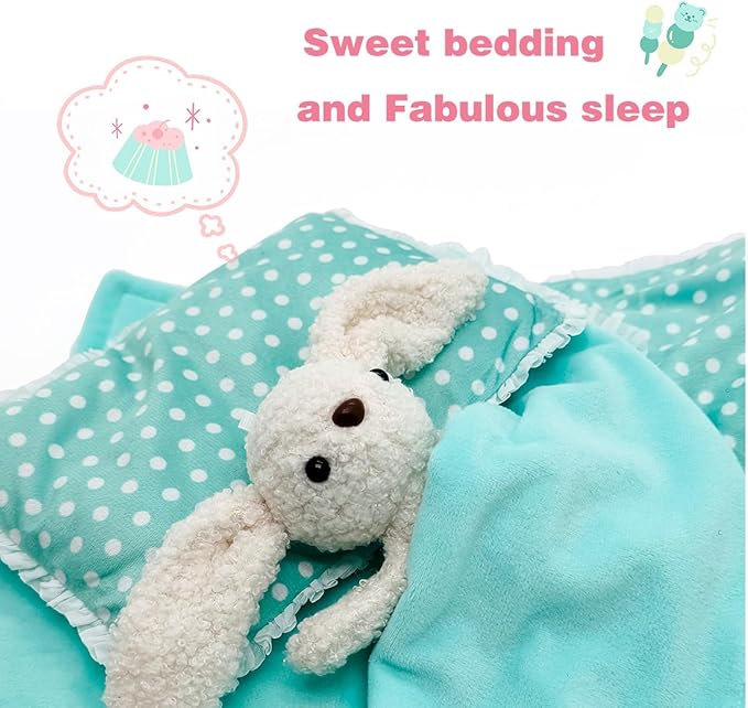 Baby Doll Accessories Bedding Set Soft Blanket Mattress Pillow Dolls Playset Fits 16-18 Inches American Doll Furniture Toy Girls and Boys (Green)