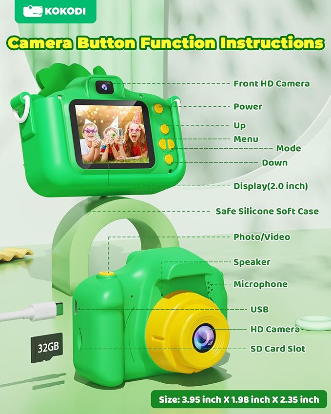 KOKODI Kids Camera Toy Digital Camera for Toddler Boys, Dinosaurs Birthday for Boys Age 3-12, 1080P HD Video Camera for Toddler, Kids Toys for 3-9 Year Old Kids with 32GB SD Card