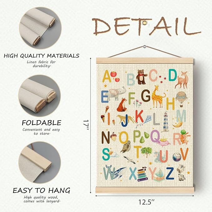 HKTZM Animal Wooden Alphabet Poster, Cute Sign Number Poster Hanger Frame 12.5x17 Inch, Educational Posters for Toddler, Learning Posters for Nursery Playroom Decor, Set of 2