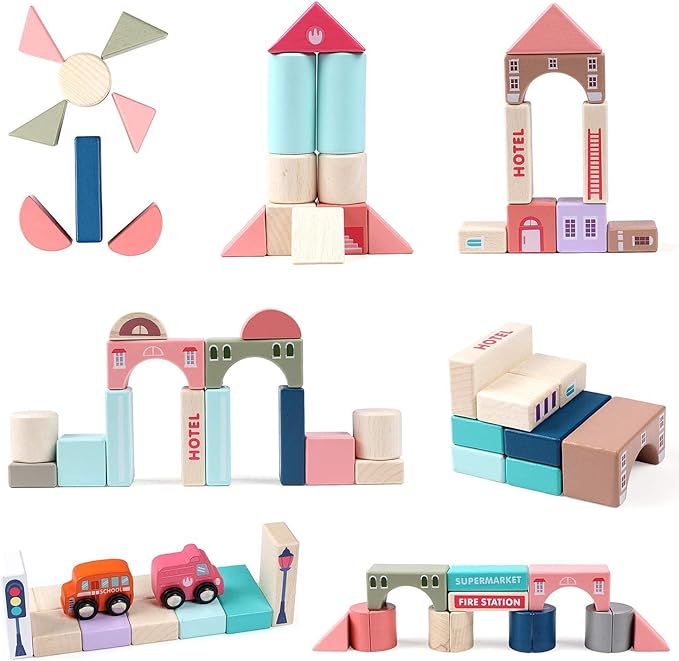 115 Pcs Wooden Building Blocks Toy Set for Kids, City Construction Stacker Stacking Preschool Learning Educational Toys Gifts for 3+ Boy Girl Toddler