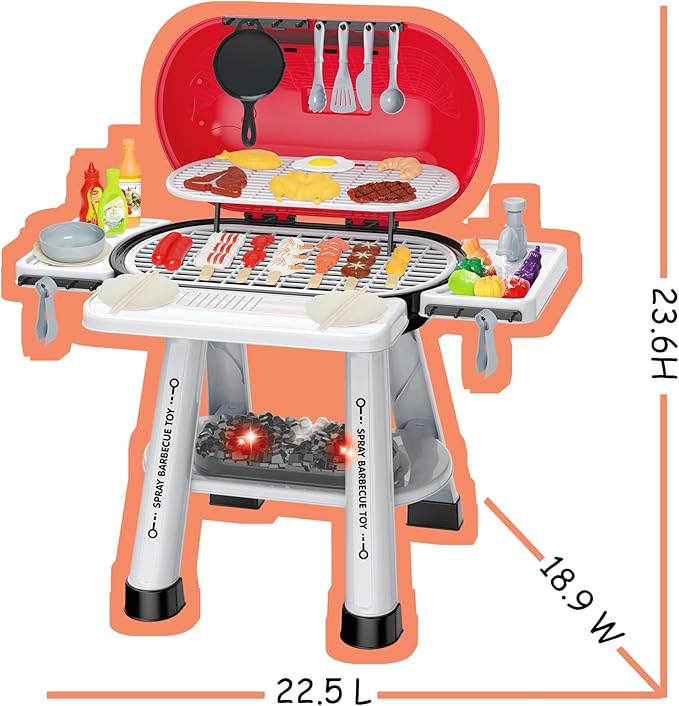 Play Kitchen Sets Toy for Toddlers 3-5, Indoor Outdoor Interactive Kids BBQ Grill Playset with Smoke, Sound & Light, Pretend Cutting Food, Christmas Birthday Gift for Boys and Girls 4-8.