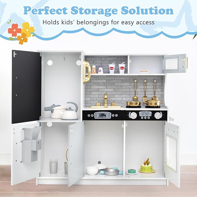 Costzon Kids Kitchen Playset, Wooden Pretend Cooking Toy Set w/Real Sound, Large Blackboard, Telephone, Microwave, Ice Maker, Dishwasher, Oven, Storage Space, Play Kitchen for Kids Ages 3+ (White)