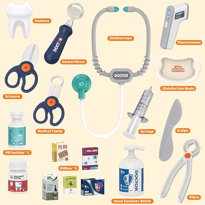 Dentist Play Set, Educational Dentist Kit for Kids, Doctor Kit for Toddlers 3-5 with Realistic Medical Tools, Pretend Play Toys for Boys & Girls