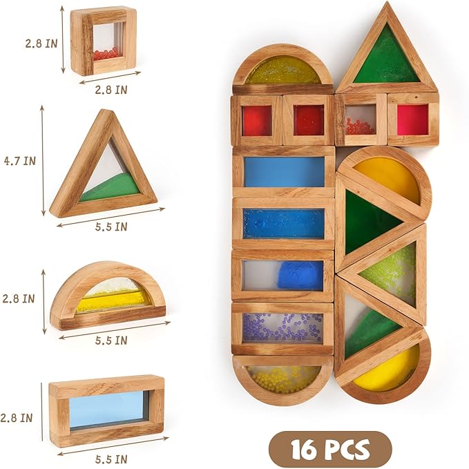 AXEARTE Large Rainbow Sensory Toys Wooden Building Blocks for Toddlers Baby Kids, 16 Pcs Colorful Geometry Stacking Construction Toy Set, Preschool Educational Toy for Boys & Girls