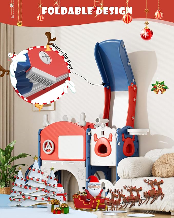 XJD Toddler Slide,12 in 1 Kids Slide for Toddlers 1-3, New Upgrade with Golf Set, Basketball Hoop, Drawing Board for Indoor Outdoor Playset,Toddler Playground (Red Blue)