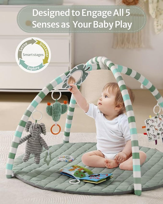 Blissful Diary Baby Play Gym Mat, Play Mat Activity Mat with 6 Detachable Toys for Stage-Based Sensory & Motor Skill Development, Easy to Install & Clean, Baby Essentials Gift, Sage Green