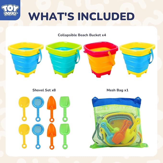 TOY Life Collapsible Beach Toys for Kids with 4 Silicone Collapsible Sand Buckets & 8 Shovels & Mesh Bag, Travel Beach Essentials for Kids Sand Toys Toddlers, Sandbox Toys for Boys Girls Ages 3-5 4-8
