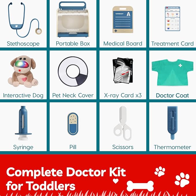 TOP BRIGHT Doctor Kit for Toddlers 3-5, Pretend Play Doctor Set with Costume & Wooden Medical Kit, Dress Up Toys for Kids, Role Play Dog Vet Playset, Christmas Birthday Gifts for Girls Boys 3 4 5