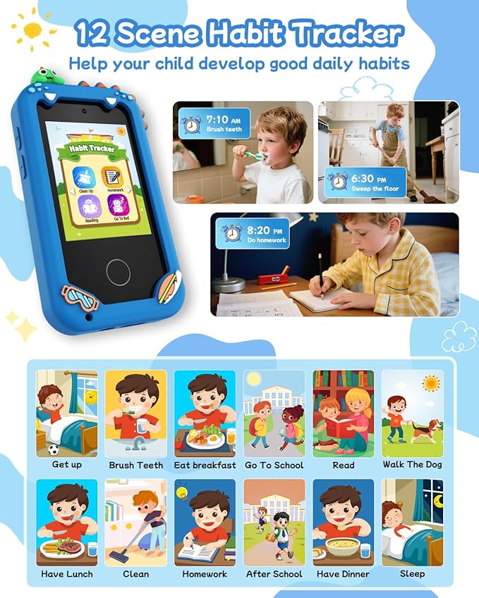 Kids Smart Phone Toy for Boys, Touchscreen Learning Toy Phone for Kids Ages 3-8, Educational Pretend Phone with Dual Camera, Music, Games, ABC Learning & Habit Reminder, Boys Birthday