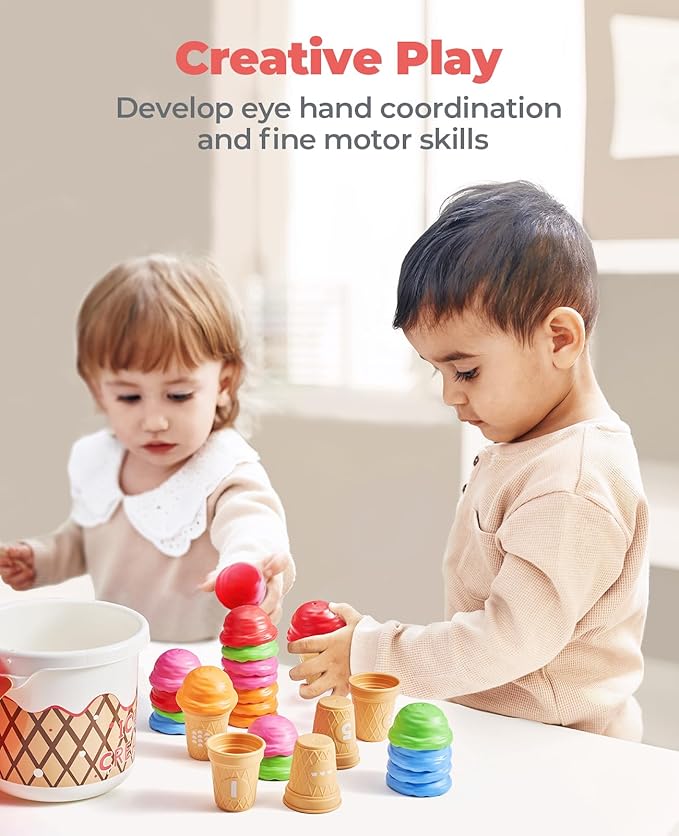 JoyCat Ice Cream Preschool Learning Activities Counting and Color Sorting Set Stacking Toys for Kids 3-5, Educational Fine Motor Skills Toys, 30PCS Math Manipulatives Resources Food for Christmas Gift