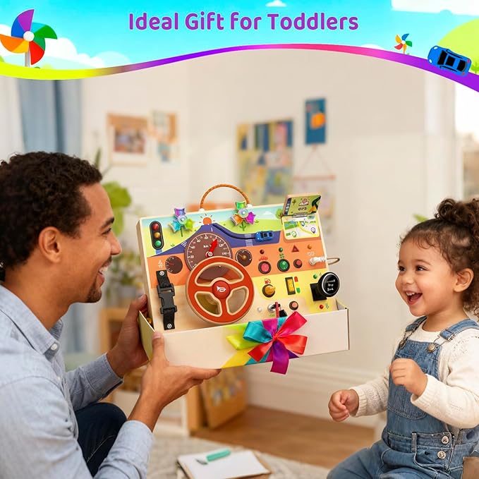 Montessori Wooden Busy Board with Steering Wheel & Driving Toys - Sensory Activity Boards for Toddlers 1-3, Car Themed Fidget Toy with Lights, Switches & Windmill Spinner, Travel Gift for Boys Girls