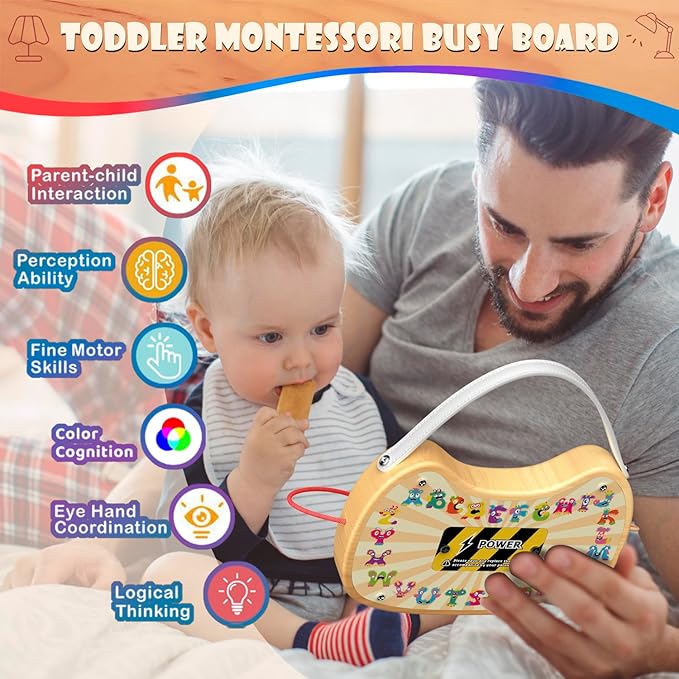 Toddler Busy Board with LED Light Up Switch, Wooden Montessori Busy Board for Todder 1-3, Travel Toys for Autistic Kids, Gift for 1 2 3 Year Old Baby Boys & Girls