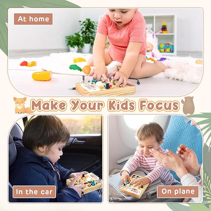 Joyreal Wooden Busy Board with LED Lights, Montessori Sensory Toys for Toddlers, Activity Fidget Board Travel Toys for Fine Motor Skills & Learning, Gifts for 1-3 Year Old Boys & Girls (Forest Theme)