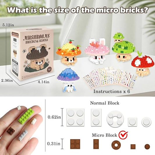 HIGH GODO 6 Set Mushroom Animals Micro Building Block Set, Creative Ideals Mushroom Animal Building Kit for Adults, Party Favors for Kids Boys Girls 12+ (1956PCS)