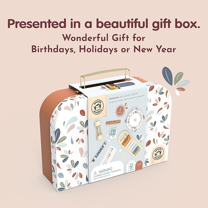 SPEEDY MONKEY Musical Set β 5 Instruments: Xylophone, Tambourine, Rainmaker, Recorder & Harmonica, Colorful & Safe, Non-Toxic Paint, Ideal for Beginners & Kids 3+ Years