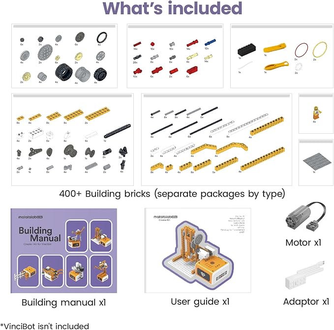 Matatalab Creator Kit, Add-on Pack for VinciBot Coding Robot, 434+ Building Blocks STEM Educational Kit with 20 Building Cases, DIY Building Science Experiment Kit for Kids Ages 8-12