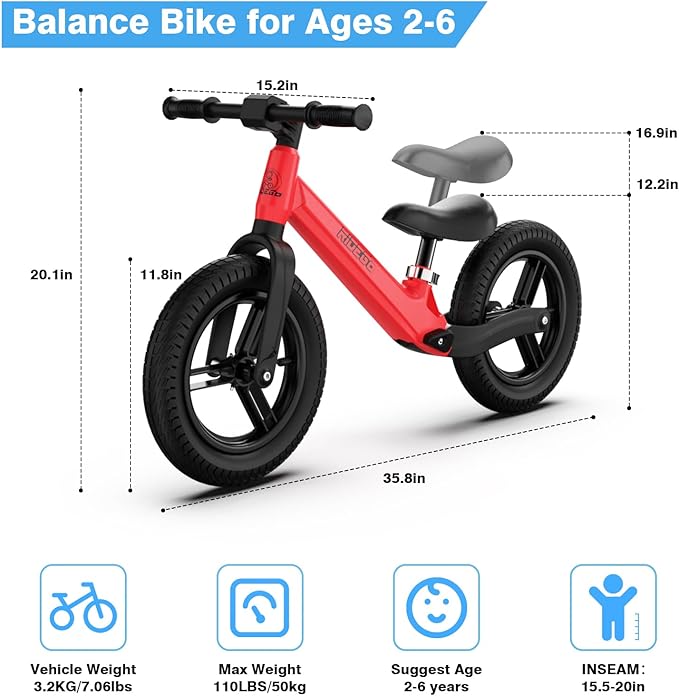 Ridego 12 Inch Balance Bike for Kids 2-4 Year Old,Lightweight Kids Bike with Adjustable Seat, Push Bicycle with Air Rubber Tires,Ride-on Toys Birthday Gift