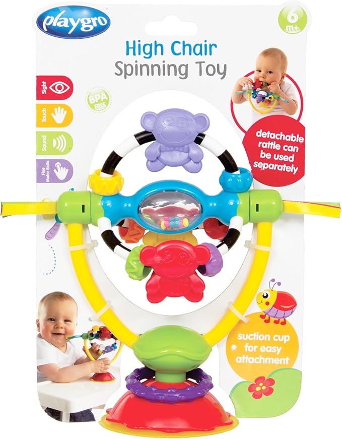 Playgro Baby High Chair Spinning Toy with Rattle and Suction Cup - Fun Developmental Toys for 6+ Months - Teething Relief and Sensory Exploration - Ideal for High Chairs and Teething Relief